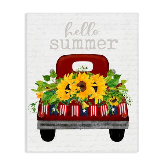 Stupell Industries Hello Summer Quote Sunflower Flower Patriotic Truck Canvas Wall Art